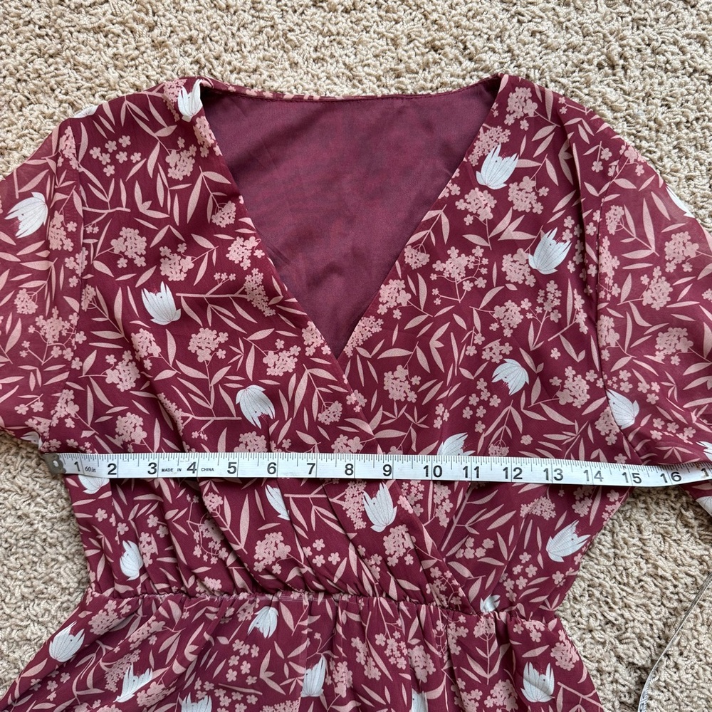 Floral Faux Wrap Midi Dress Burgundy Size Small Boho Cottagecore Fall - Picture 7 of 12